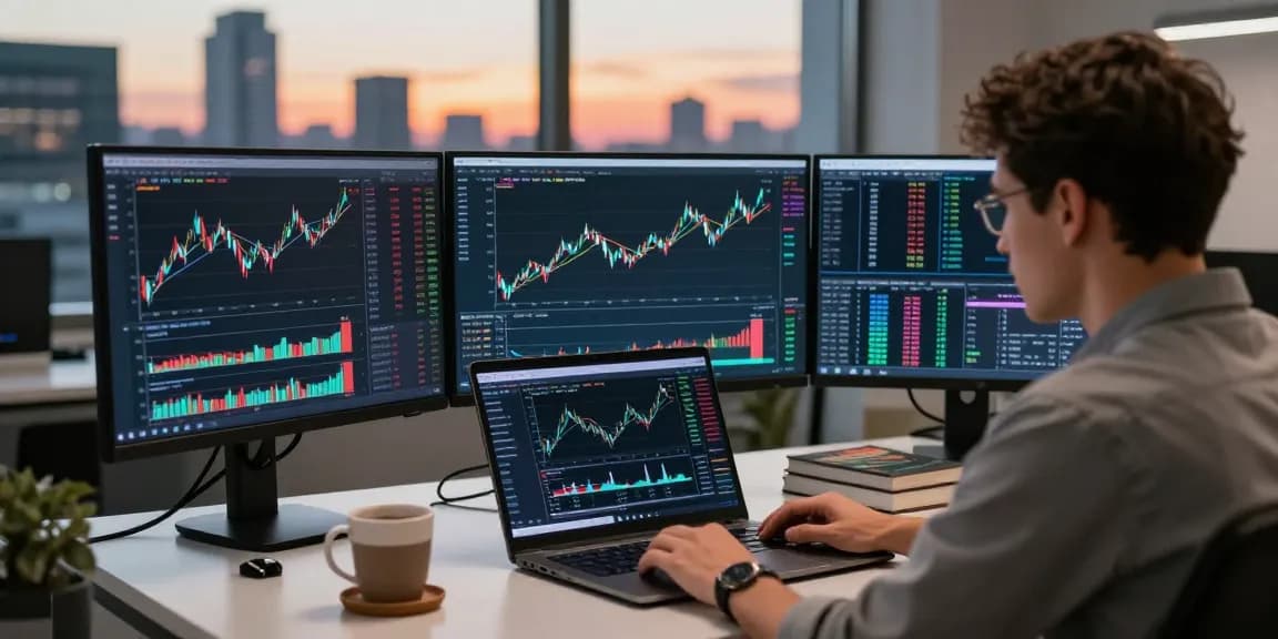 Трейдер анализирует графики на bitmex бирже в современном офисе с панорамным видом.
