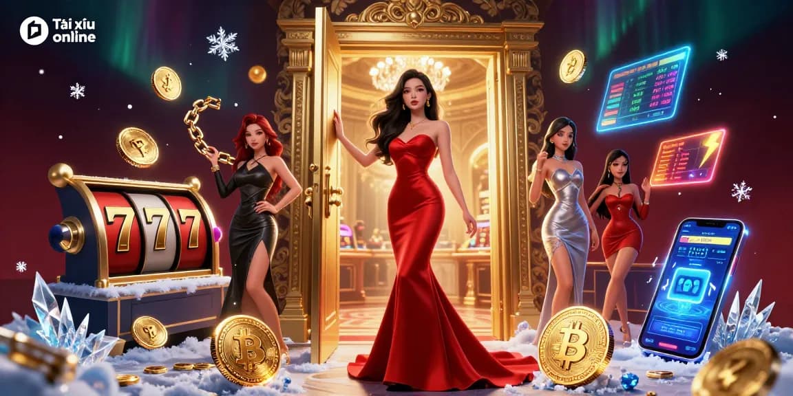 Experience thrilling Tài xỉu online with a beautiful Asian dealer amidst a luxurious casino backdrop.