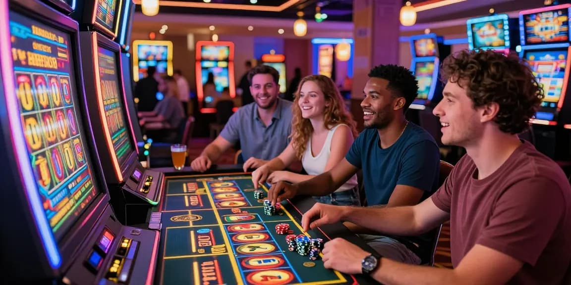 Pemain di situs slot gacor sedang merayakan kemenangan di kasino dengan mesin slot berwarna cerah.