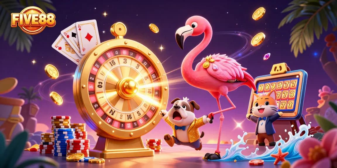 Experience excitement at FIVE88 with a game show host and animated casino prizes.