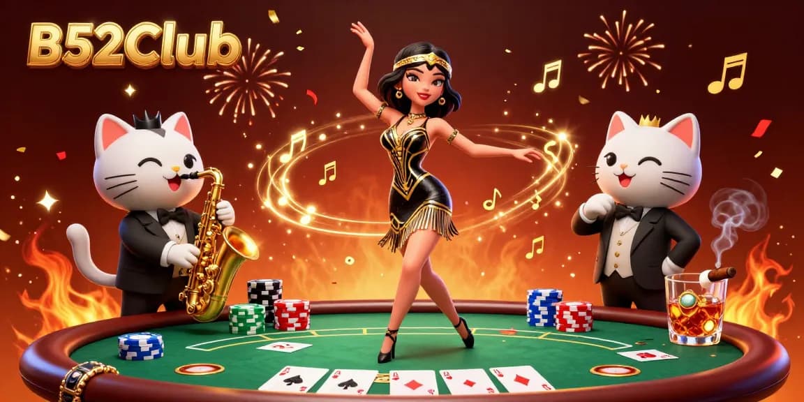 B52Club offers an immersive casino experience with a vibrant 3D scene involving a flapper dancer and a saxophone-playing cat, surrounded by poker elements.