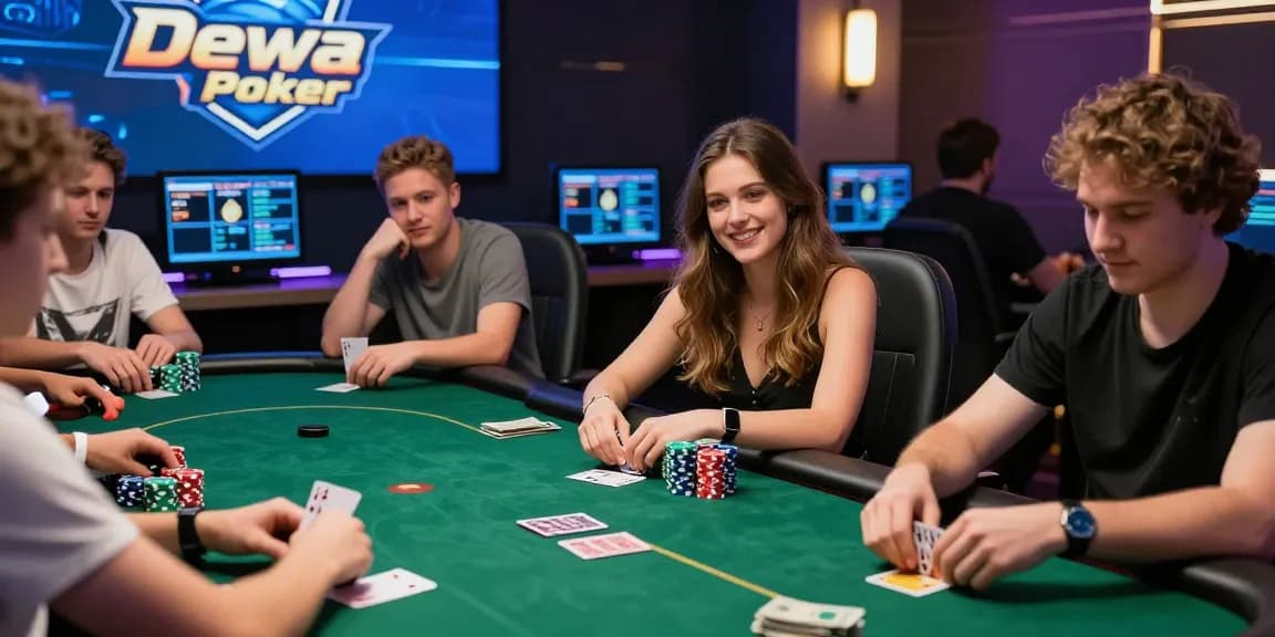 A vibrant scene of online poker players at Dewa Poker, showcasing excitement in a competitive tournament setting.