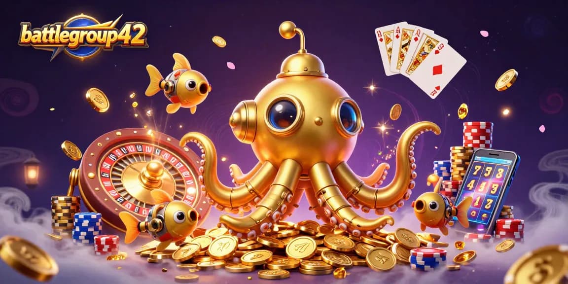 Engage with battlegroup42's vibrant casino scene featuring a golden kraken submarine amidst dazzling winning elements.
