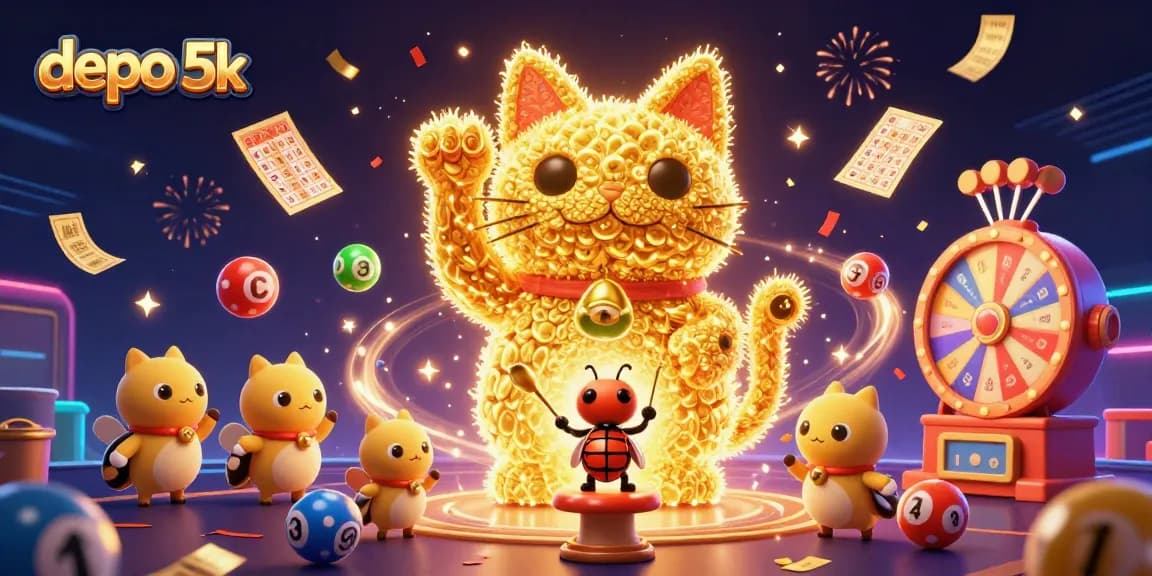 Engage with depo 5k by winning big in this vibrant online gambling scene featuring a lucky cat.