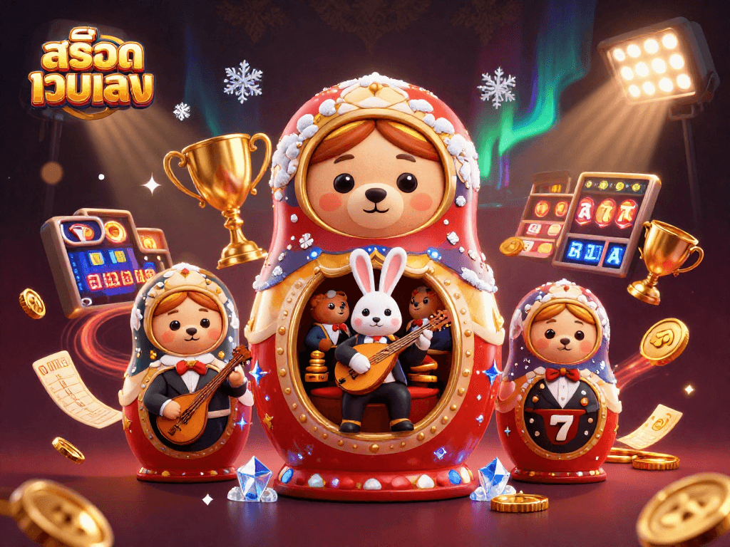 Experience online slots with สล็อตเว็บตรง in this vibrant, colorful 3D casino illustration.