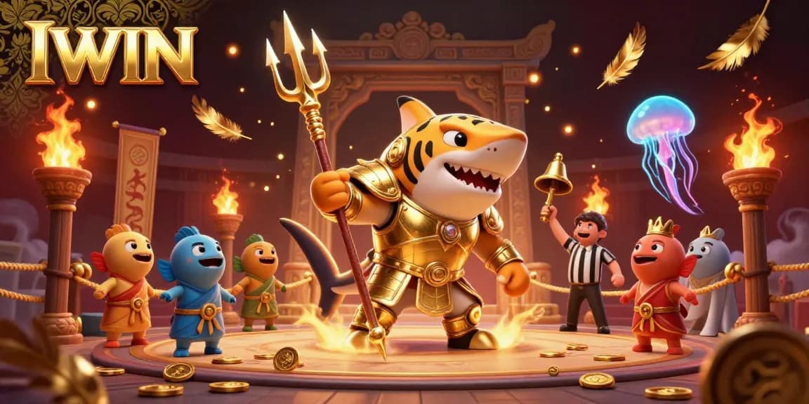 IWIN platform features thrilling underwater casino battles with a gladiator shark and cheering crowd.