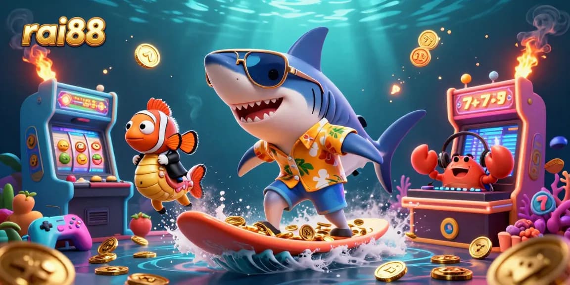 Join the fun with rai88 as a shark surfs golden coins, surrounded by colorful gaming machines.