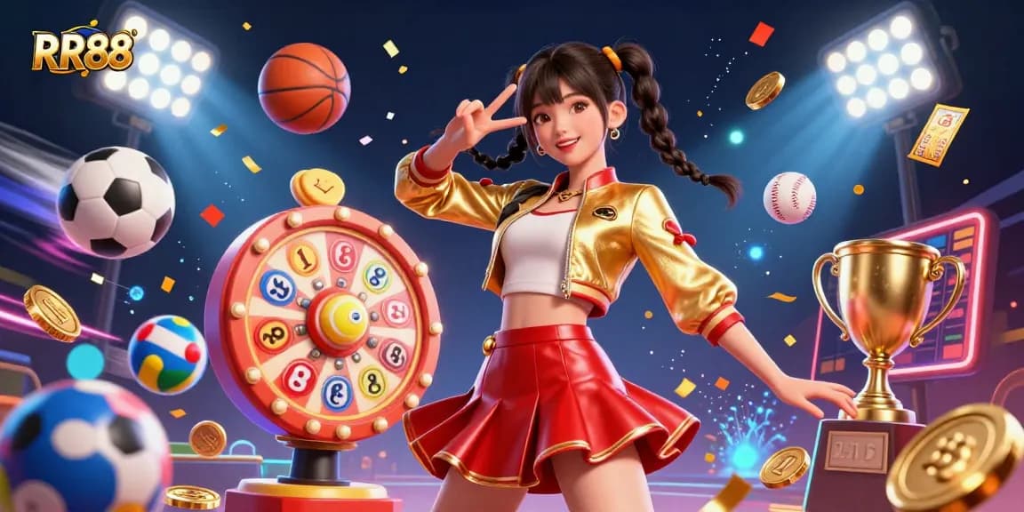 Experience the thrill of RR88 with a vibrant casino scene featuring betting excitement and celebratory elements.