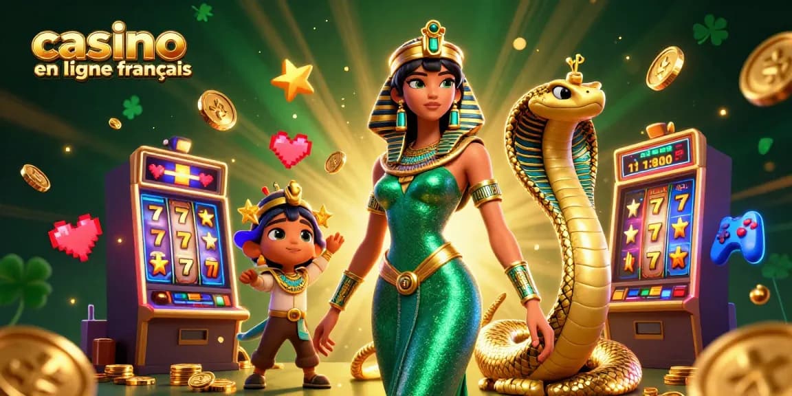 Play exciting games at casino en ligne francais, featuring a stunning woman and a cobra in a vibrant casino setting.