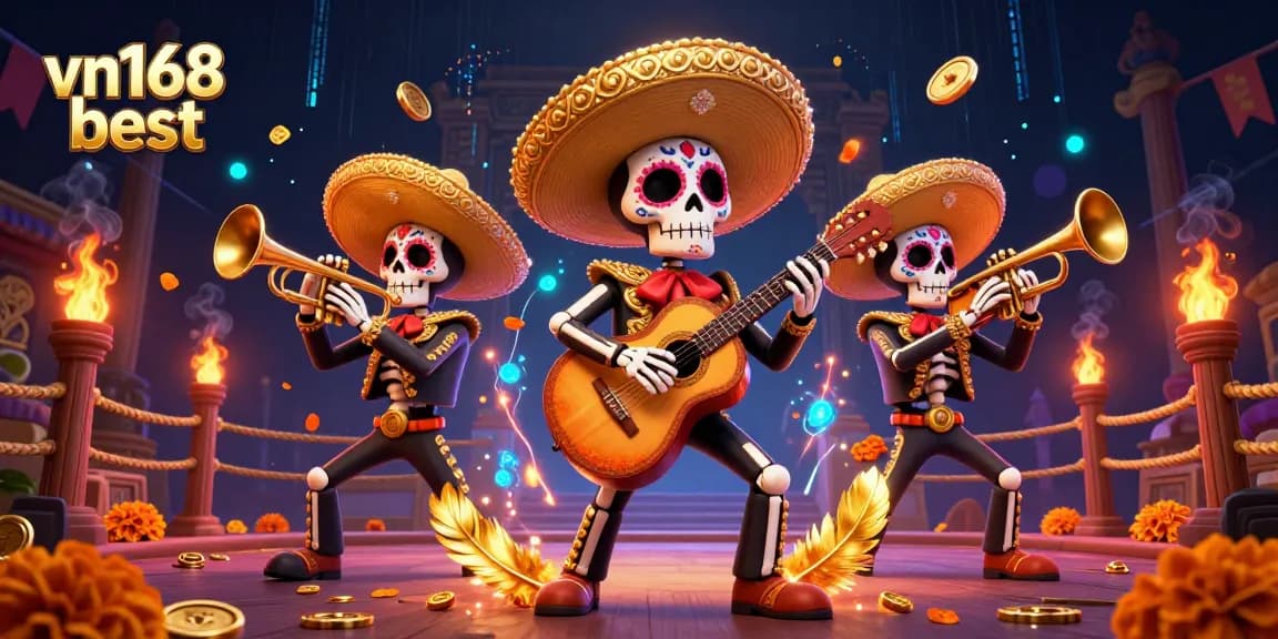 Experience the vibrant action of vn168 best with a dynamic casino-themed 3D illustration featuring a mariachi band.