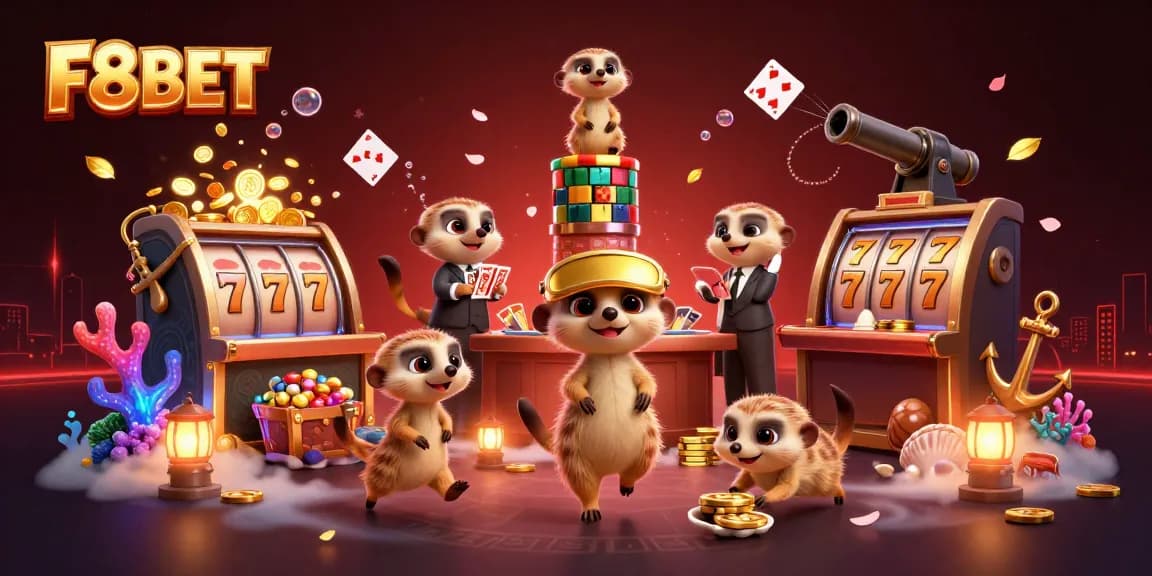 Experience F8BET with meerkats operating an exciting casino, colorful slots, and treasures