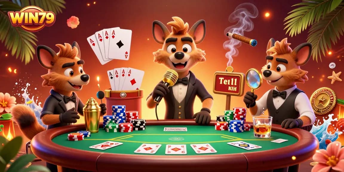 Enjoying exciting games at WIN79 Casino while hyenas entertain guests in a vibrant casino scene.