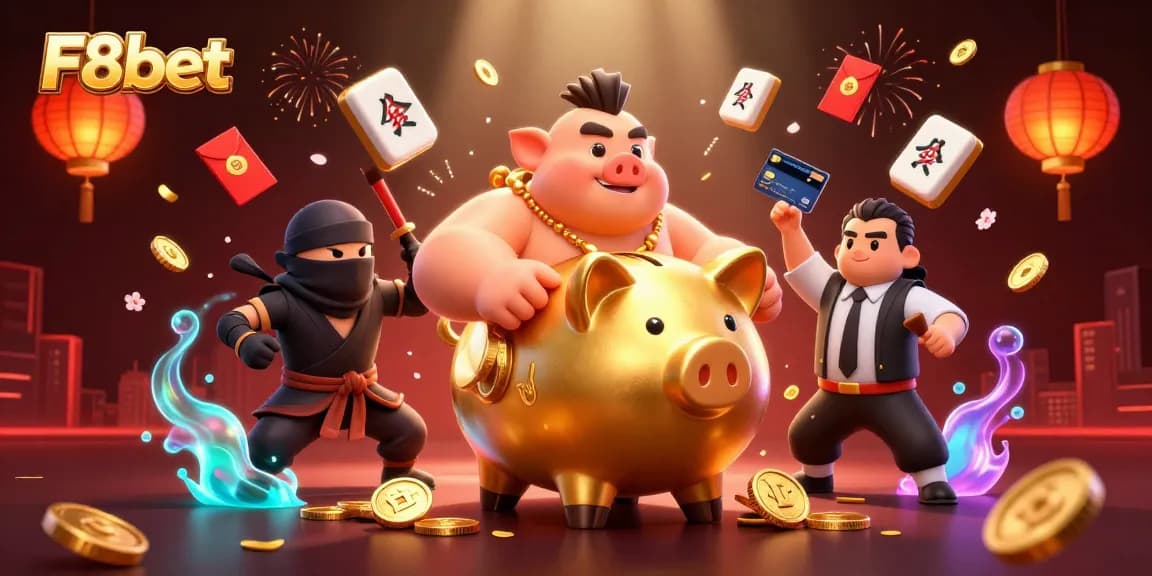 Engage with the lively F8bet casino scene featuring a golden piggy bank sumo wrestler amid vibrant decorations.