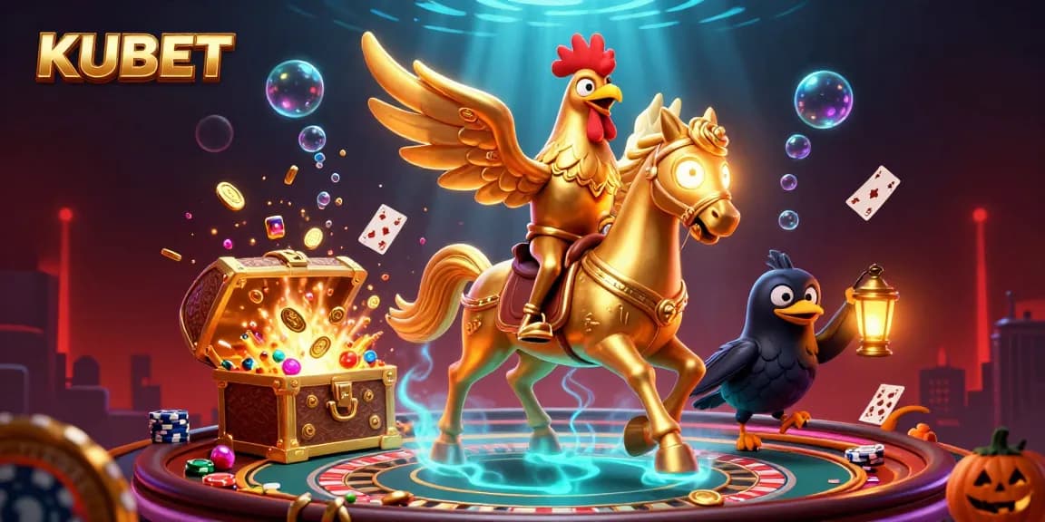 KUBET Casino's golden rooster protagonist navigates a busy casino scene filled with vibrant gaming elements.