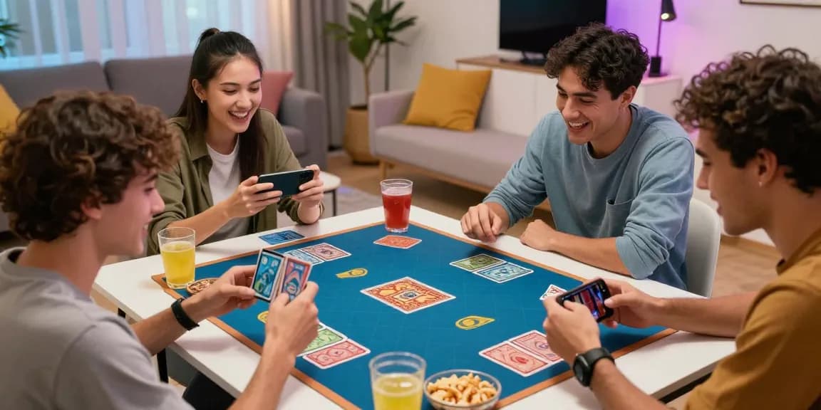 Exciting group of friends playing Real cash rummy on their smartphones, showcasing competitive card game atmosphere.