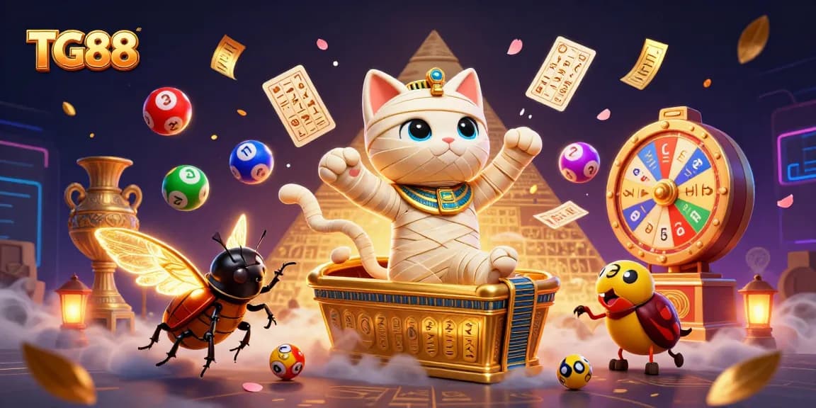 Join the excitement of TG88 as the mummy cat and scarab beetle engage in thrilling lottery games.