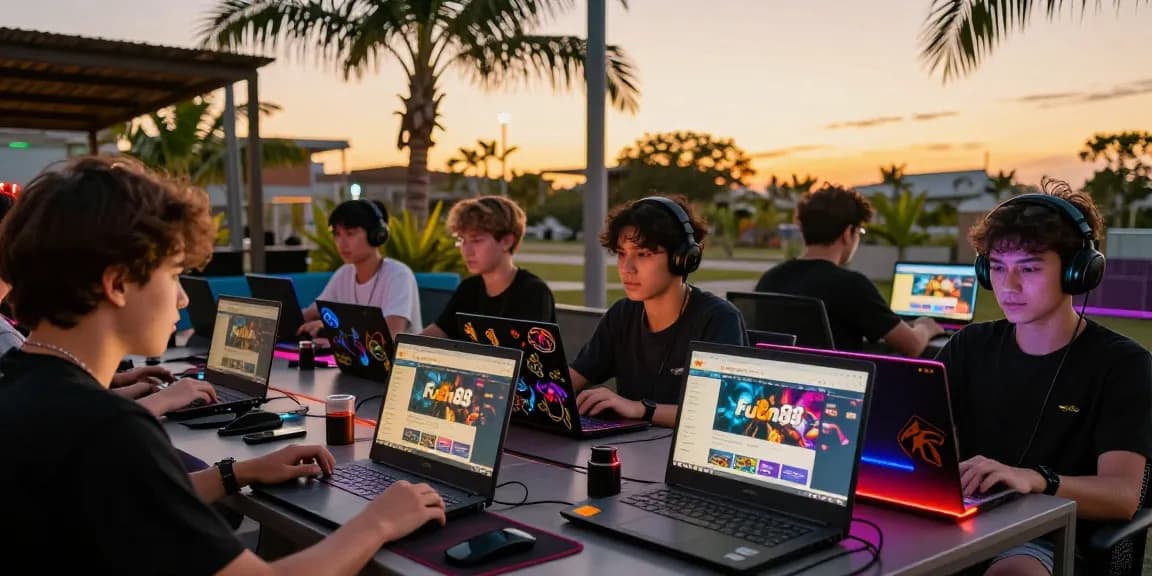 Group enjoying fun88thaimeth gaming experience outdoors at sunset.