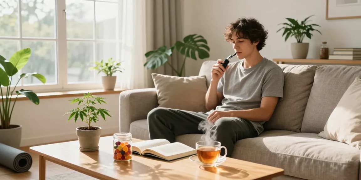 Can you vape in Cyprus? Young adult enjoying natural wellness with CBD products and a vape device in a sunlit living room.