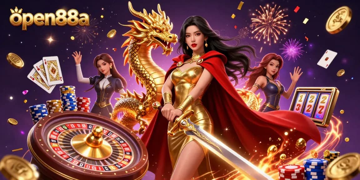 Experience the enchanting thrill of gaming with open88a's mesmerizing casino illustration featuring vibrant characters and gaming elements.