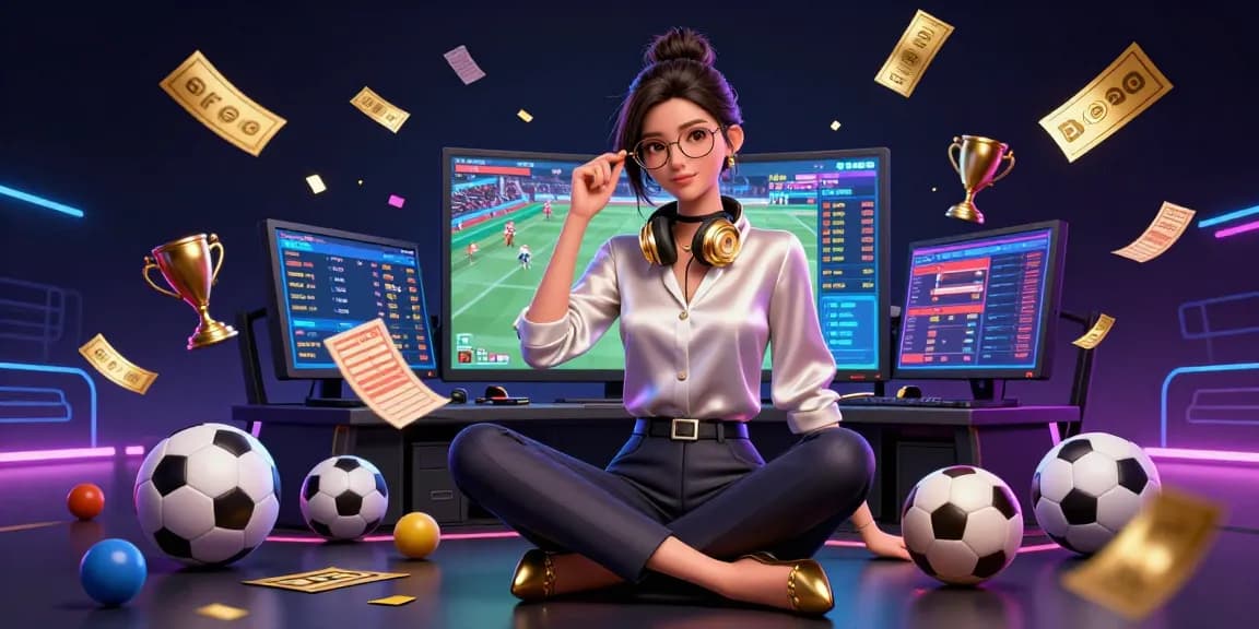 Experience thrilling judi bola action with a dynamic setup, featuring a professional Asian woman at a high-tech gaming station.