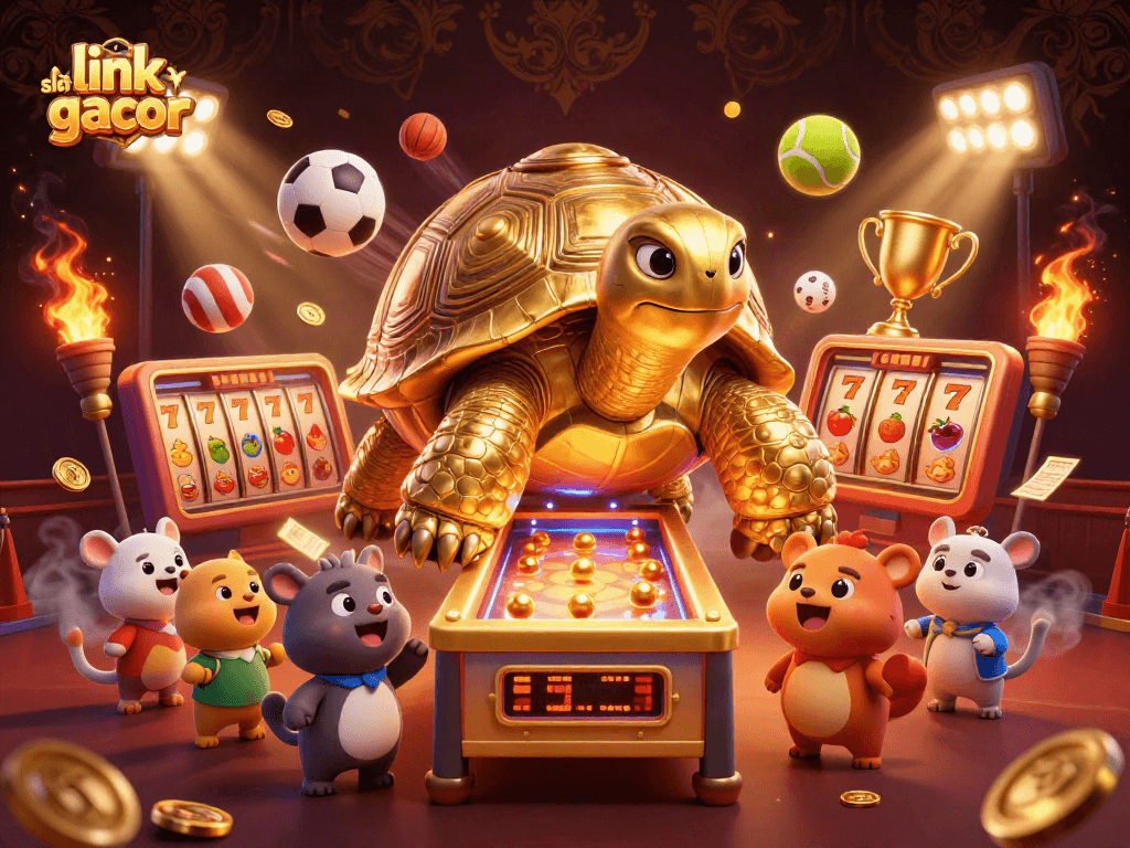 Engage with link slot gacor inspired dynamics in a vibrant casino scene featuring golden tortoise and animal friends.