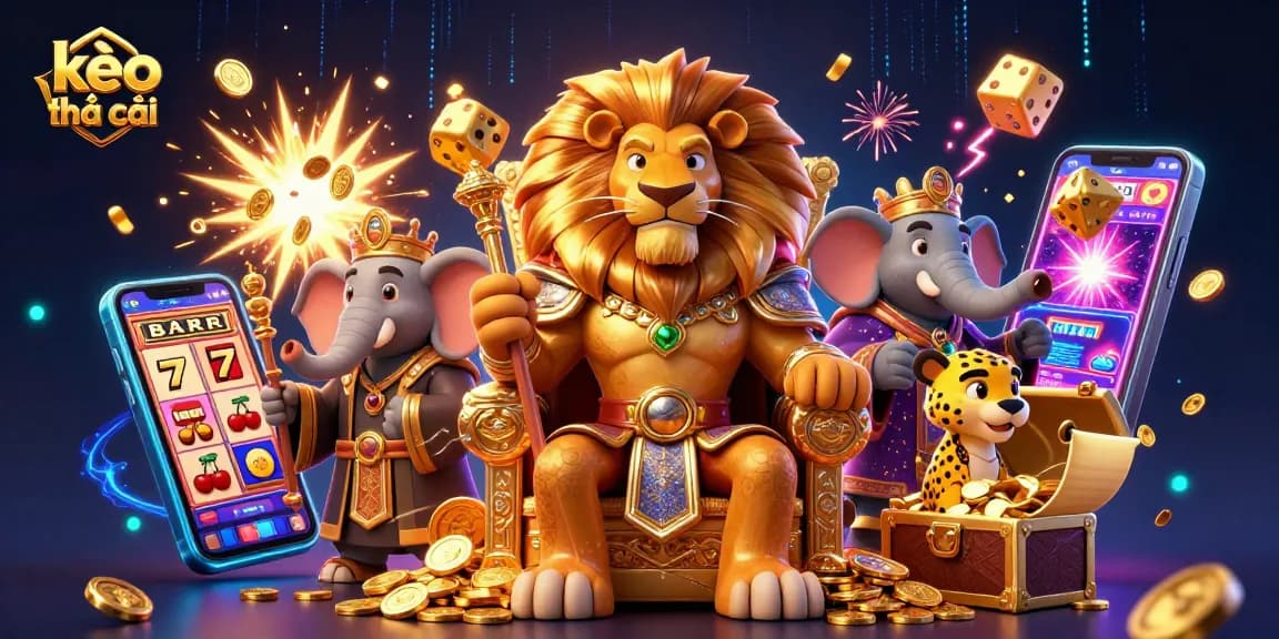 Experience kèo nhà cái action with a lion king, elephant advisor, and cheetah messenger in a vibrant casino scene.