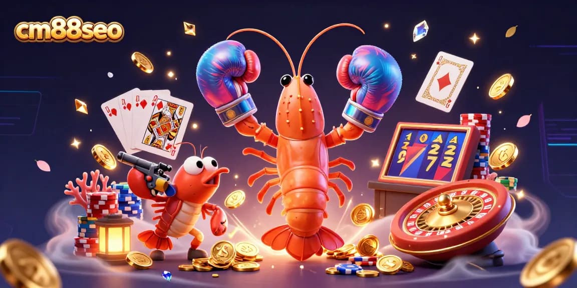 Experience thrill and excitement at cm88seo with a dynamic illustration of gambling characters amidst falling coins and slot machines.