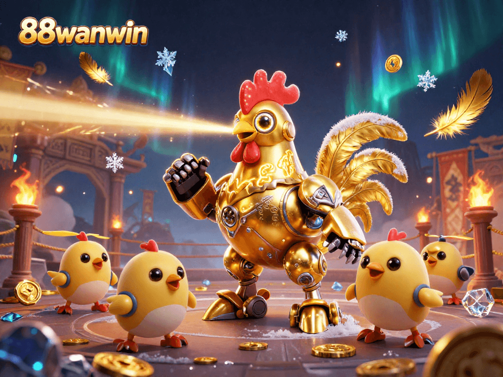 Engage with 88wanwin's casino excitement featuring a golden rooster robot and baby chick drones.