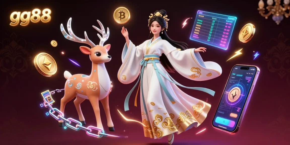 Engage with gg88's vibrant digital casino experience featuring a majestic floating character and cryptocurrency elements.
