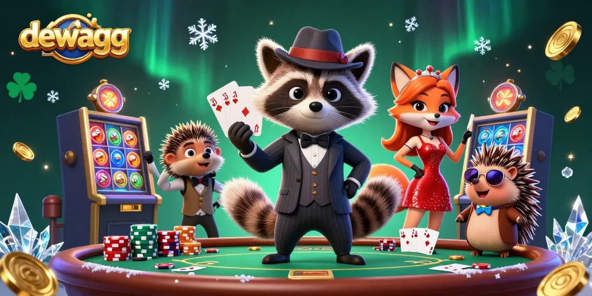 Dewagg engages players with a royal flush at a vibrant casino scene rich in gaming elements.
