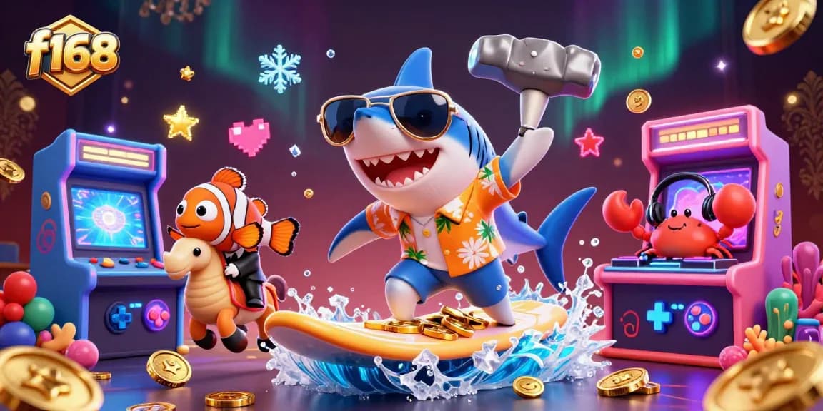 Experience fun with f168 as a cartoon shark surfs gold coins amidst vibrant casino elements.