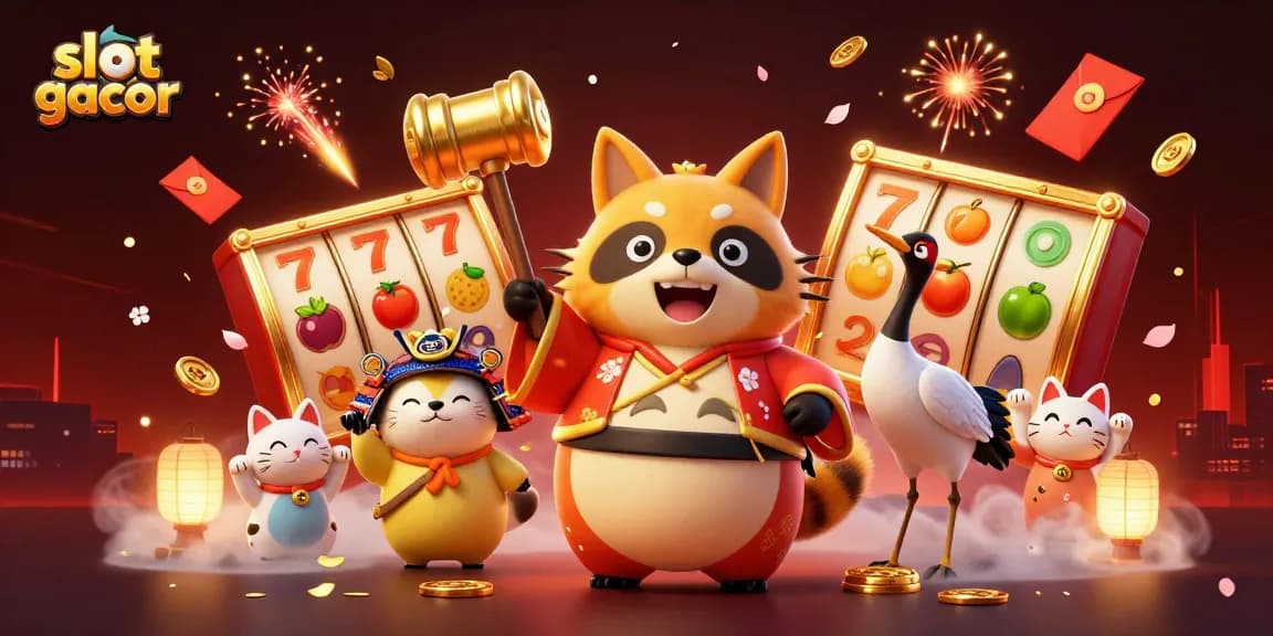 Ilustrasi menarik yang menampilkan konsep slot gacor dengan karakter ceria dan elemen kasino yang vibrant.