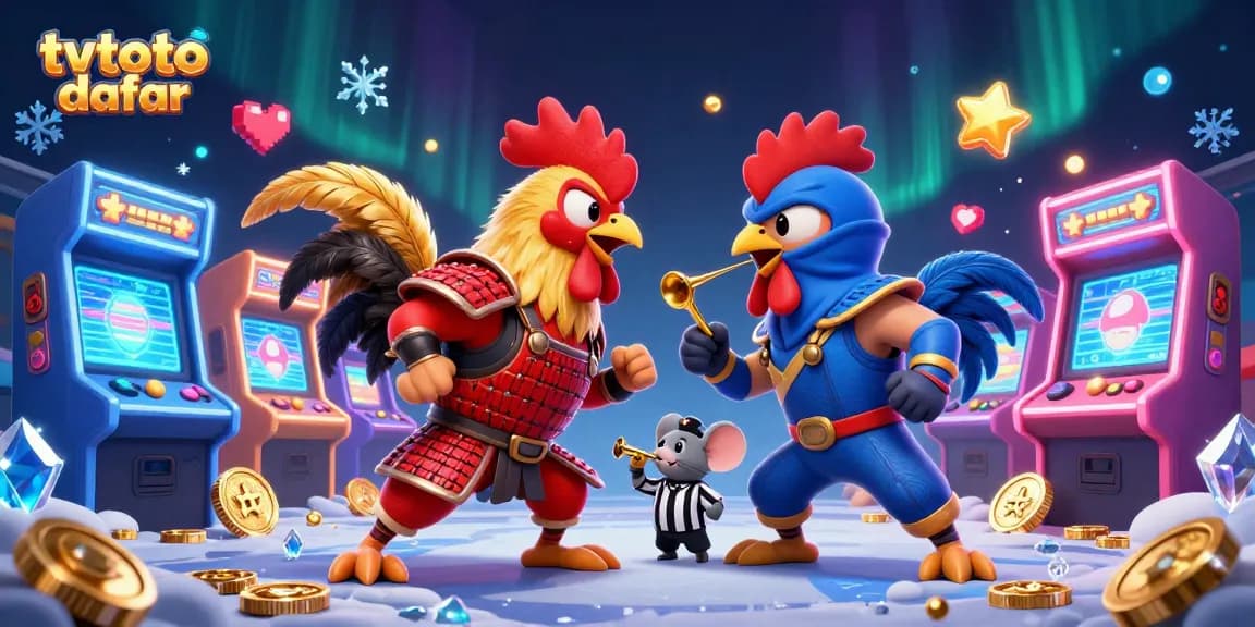 Engage in exciting gameplay with tvtoto daftar as fighting roosters compete amid colorful casino-themed elements.