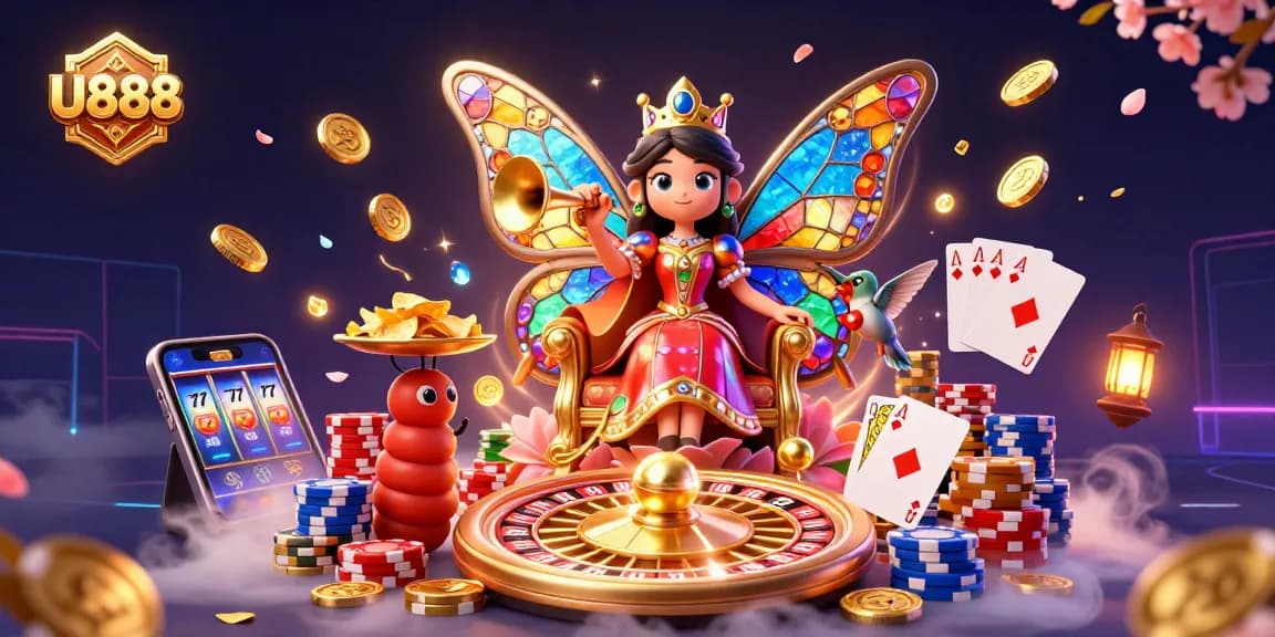 Experience thrilling gaming at U888 with vibrant characters and sparkling casino elements.