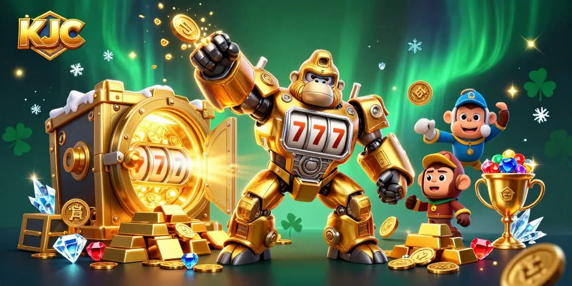 KJC offers thrilling casino experiences with dynamic scenes of a golden gorilla mech and treasures.