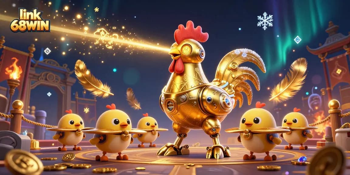 Engage with link 68WIN in this vibrant casino-themed scene featuring a golden rooster robot and baby chick drones.