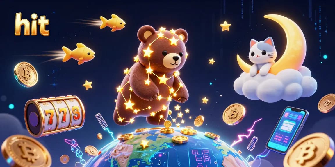 Hit players in a vibrant casino scene featuring constellations, gold coins, and slot elements.