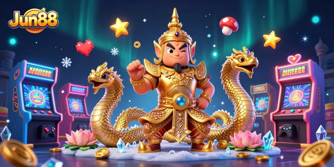 Engage in thrilling gameplay with Jun88's vibrant 3D casino scene featuring temple guardian and game elements.