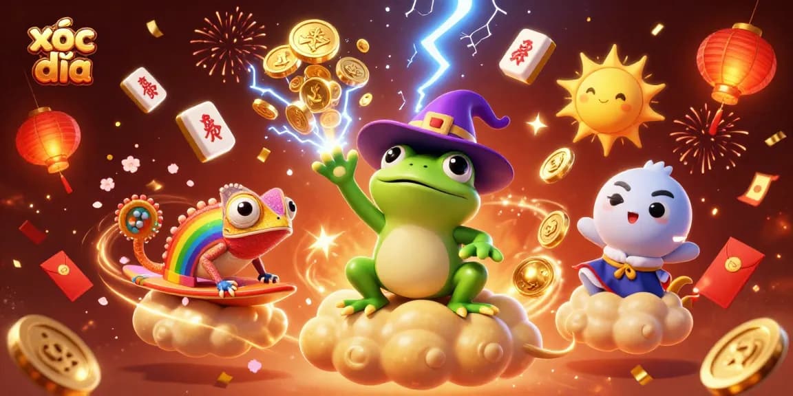 Xóc đĩa illustration with magical themes, featuring characters and elements from the popular gambling game.