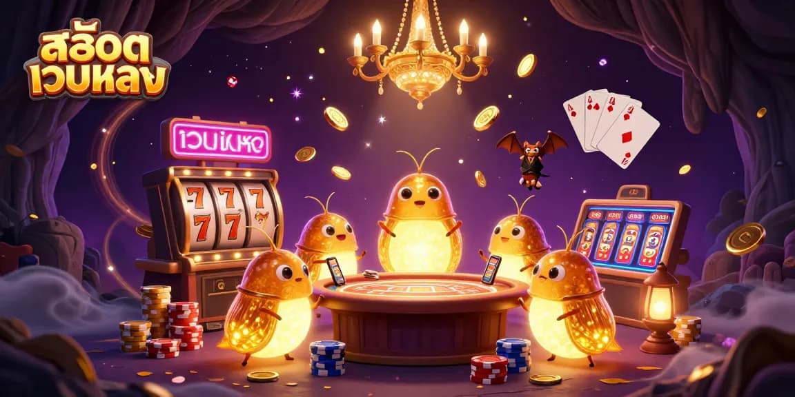 Experience สล็อตเว็บตรง gaming action with glowworms lighting up a lively casino scene, abundant with treasures.