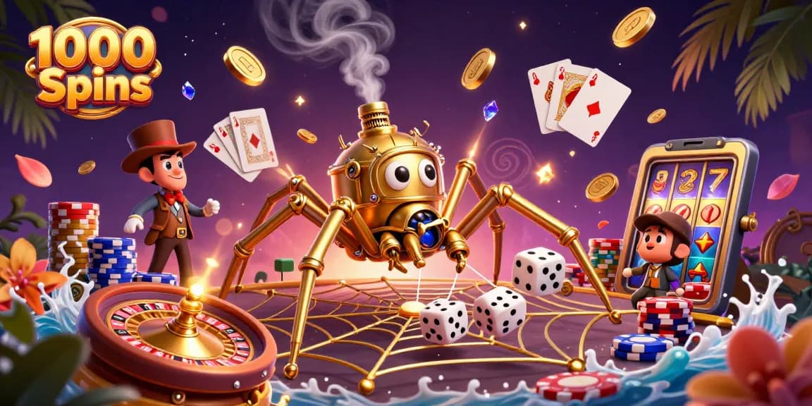 Erleben Sie 1000 Spins in einem aufregenden Casino-Szenario mit einem goldenen Steampunk-Spinnen und vielem mehr.