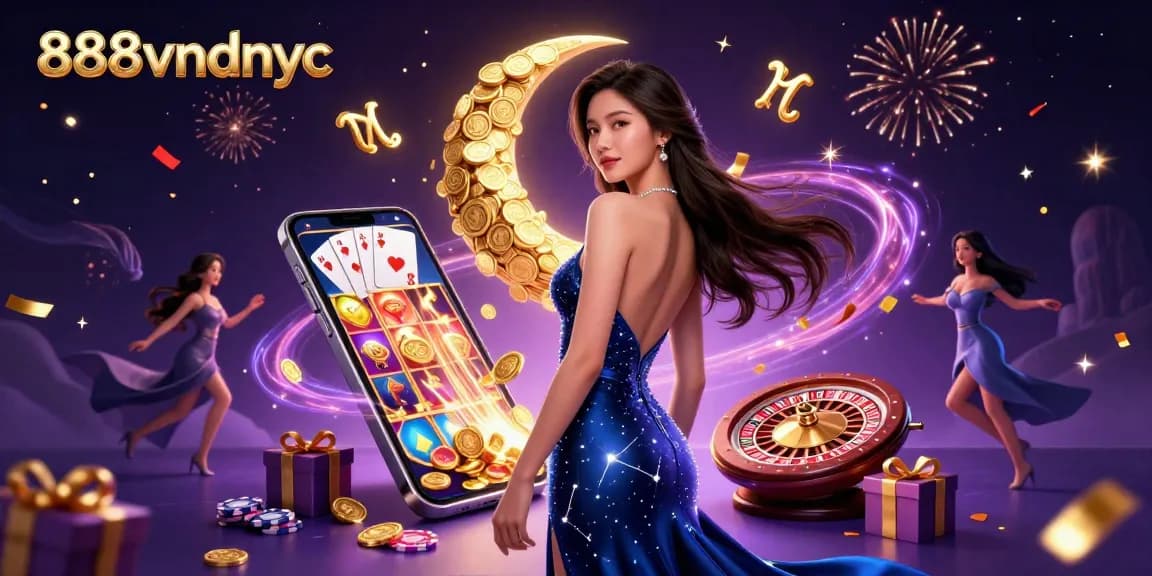 Experience the excitement of 888vndnyc with a stunning 3D casino scene featuring a winning Asian character.