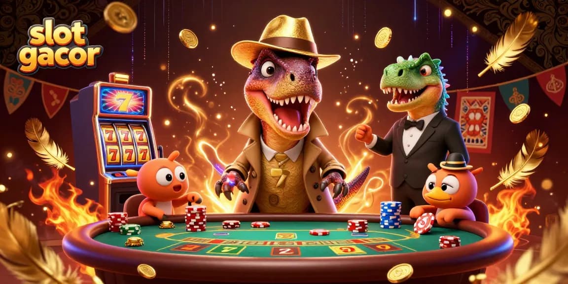 Experience the excitement of slot gacor with an animated heist scene featuring a velociraptor and friends at a blackjack table.