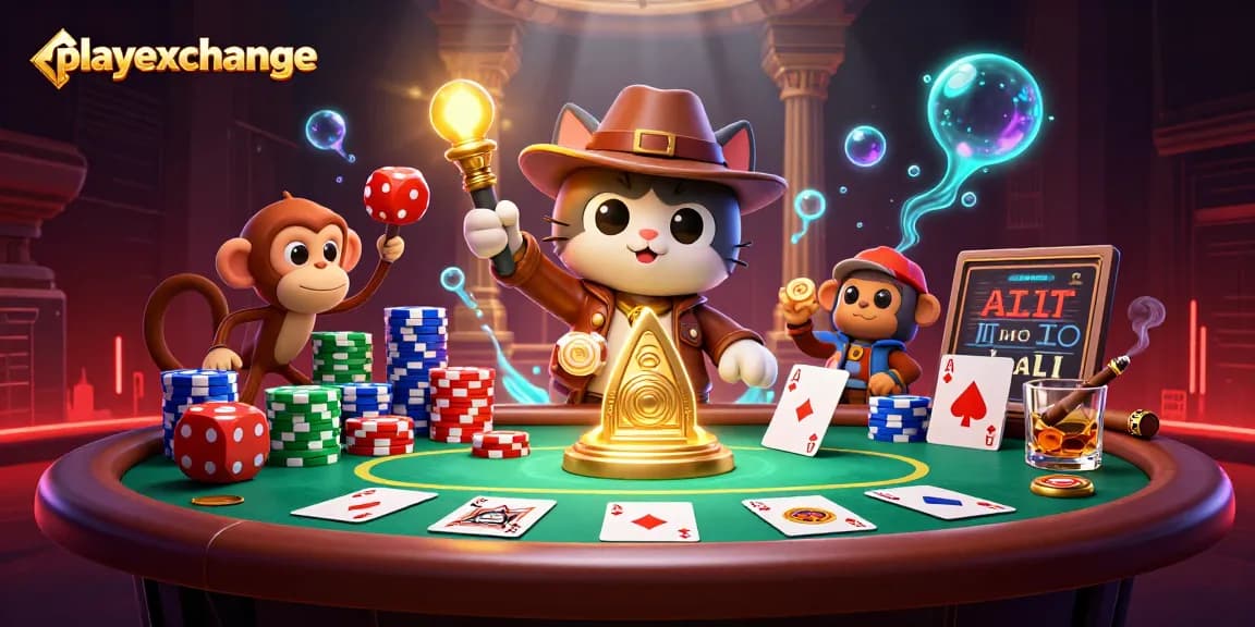 Playexchange features a detailed casino scene where an explorer cat discovers golden artifacts among poker chips and cards.