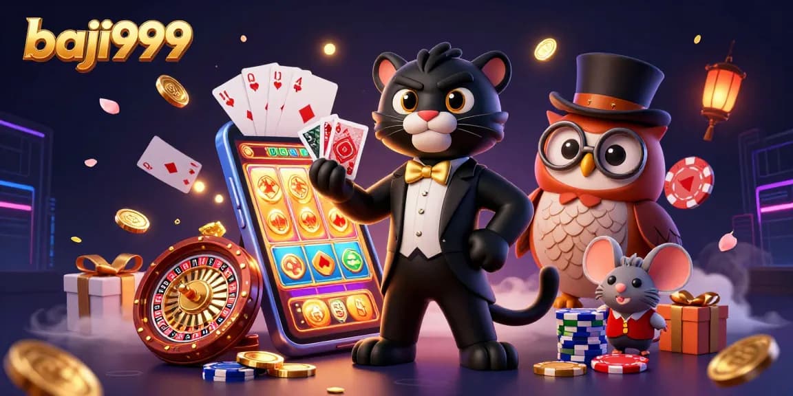 Experience thrilling games at baji999 with dynamic characters and vibrant casino elements in this engaging 3D illustration.