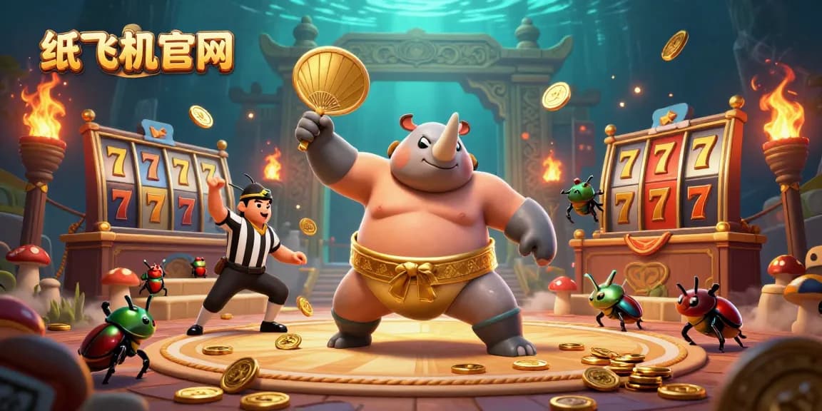 Experience thrilling action with 纸飞机官网 as a rhinoceros beetle sumo champion stomps coins in a vibrant casino arena.