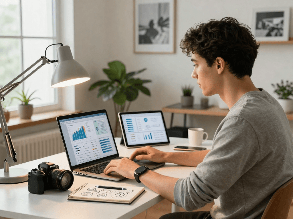 Penggunaan wifi 4D oleh profesional muda di ruang kerja modern yang teratur.