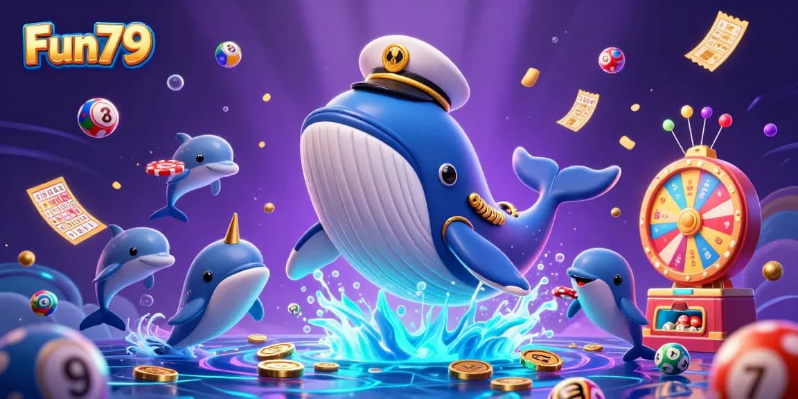Experience thrilling gaming adventures with Fun79 featuring a captain whale, fish, and poker chips.