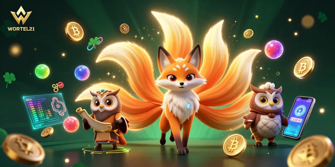 Engage with WORTEL21’s vibrant gaming scene showcasing a mystical fox and sage with crypto elements