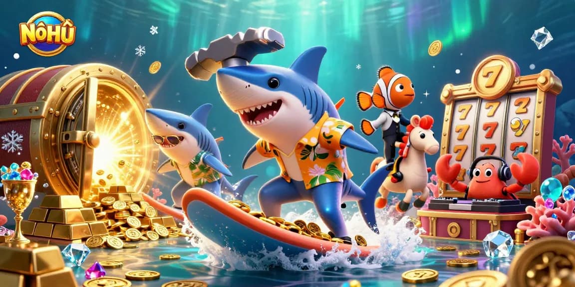 Nổ Hũ game featuring a shark, clownfish, and crab DJ amid gold and jewels in a lively casino scene